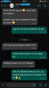 WhatsApp-samtale med kunde om IPTV-abonnement i Norge